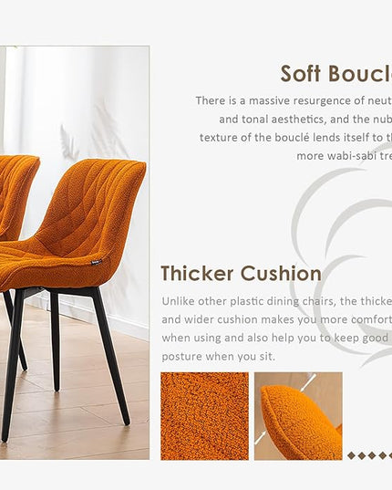 YOUNUOKE Comfortable Dining Chairs Set of 2, Mid-Century Modern Kitchen Dining Room Chairs, Upholstered Backrest Boucle Dining Chair with Black Metal, Orange - LeafyLoom