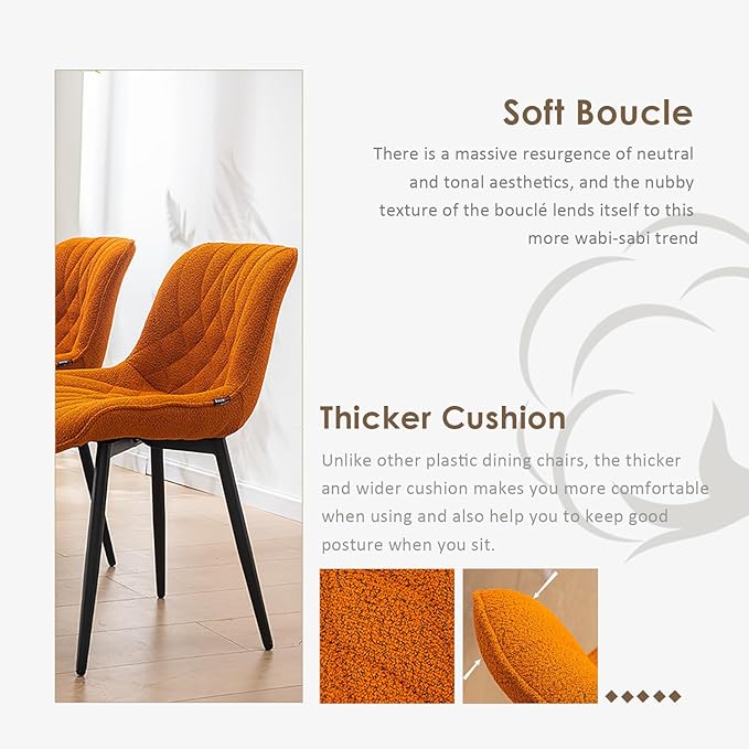 YOUNUOKE Comfortable Dining Chairs Set of 2, Mid-Century Modern Kitchen Dining Room Chairs, Upholstered Backrest Boucle Dining Chair with Black Metal, Orange - LeafyLoom