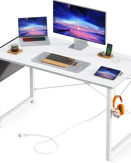 AODK 40 inch Small Computer Desk with Power Outlet for Small Spaces Home Office Student Laptop PC Writing Desks with Storage Bag Headphone Hook, White - LeafyLoom