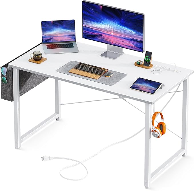 AODK 40 inch Small Computer Desk with Power Outlet for Small Spaces Home Office Student Laptop PC Writing Desks with Storage Bag Headphone Hook, White - LeafyLoom