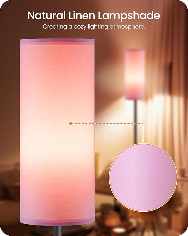 Dimmable Floor Lamp for Living Room, Corner Floor Lamp with Remote, 66'' Standing Tall Lamp, Linen Lampshade, 10W 800LM LED Bulb for Bedroom Study, FCC Listed Black and Pink P06LD05 - LeafyLoom