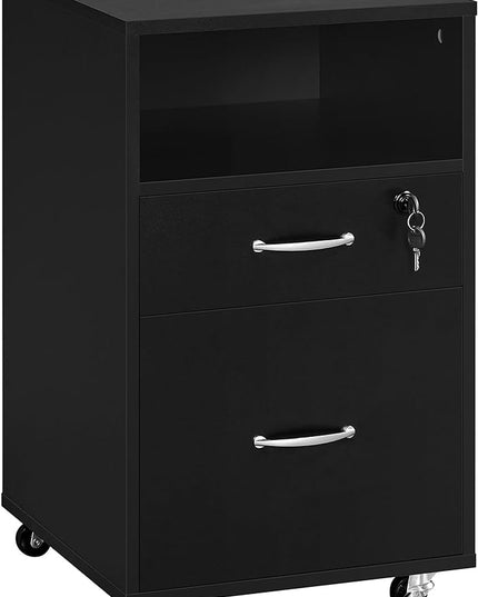 Yaheetech File Cabinet, Under Desk Vertical Cabinet with 2 Drawers and Open Compartment, Printer Stand with Lockable Wheels for A4 Letter Size Hangable File Folders for Home Office(Black) - LeafyLoom