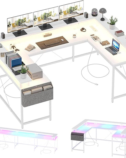 U Shaped Computer Gaming Desk, Reversible L Shaped Desk with Power Outlets, LED Strip & Monitor Stand, Large Corner Desk with Storage Shelves for Home Office, White - LeafyLoom