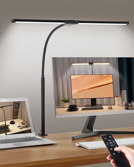 Led Desk Lamp for Home Office, Double Head Desktop Light with Clamp, Remote Control Architect Lamps for Computer Monitor, Read, Study, 25 Lighting Modes, Eye Care, Flexible Gooseneck, Black - LeafyLoom
