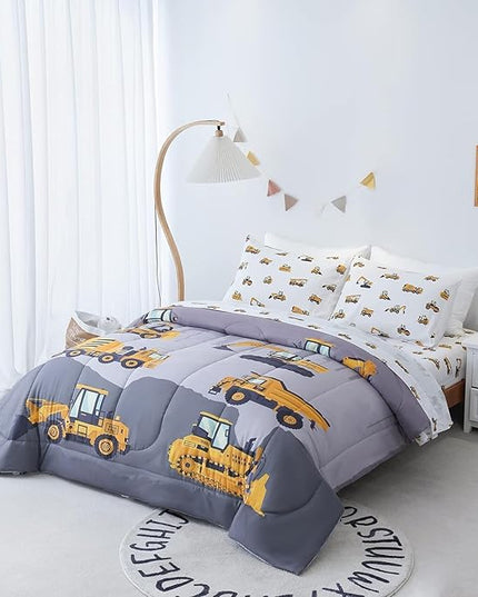 Full Size Comforter Set for Boys, 4-Piece Bed in a Bag, 3D Construction Bedding Comforter Sheet Set, Ultra Soft and Fluffy, Cartoon Truck Cars - LeafyLoom