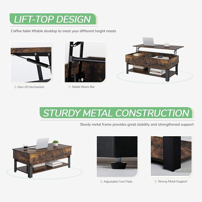 Novilla Modern Lift Top Coffee Table with Storage for Living Room Wodden Lift Tabletop Dining Table with Hidden Compartment and Metal Frame 40 Inch, Rustic Brown - LeafyLoom