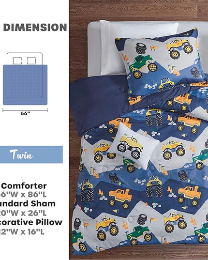 Mi Zone Kids Twin Comforter Set for Boys 3 Piece Monster Truck Comforter Set, Twin Size Bedding Set, Teen Bed Set, Microfiber Bedding Set, Matching Sham, Embroidered Truck Throw Pillow, Twin, Blue - LeafyLoom