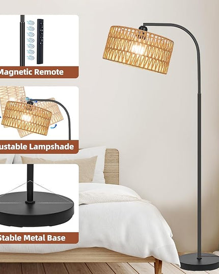 Rattan Floor Lamps for Living Room, Boho Standing Lamps with Rattan& Linen Double Shades, Arc Lamps Floor Standing with 9W Bulb, Foot Switch, Bohemian Floor Lamps for Bedroom, Office - LeafyLoom