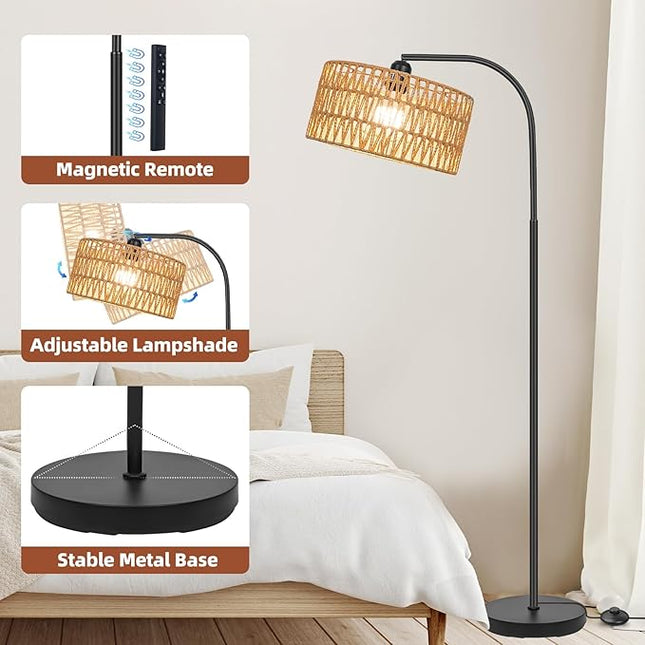 Rattan Floor Lamps for Living Room, Boho Standing Lamps with Rattan& Linen Double Shades, Arc Lamps Floor Standing with 9W Bulb, Foot Switch, Bohemian Floor Lamps for Bedroom, Office - LeafyLoom
