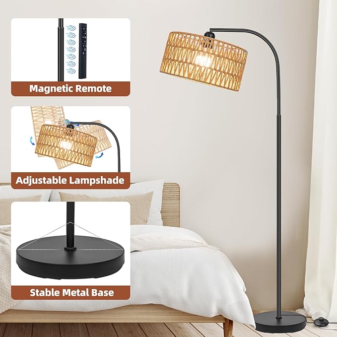Rattan Floor Lamps for Living Room, Boho Standing Lamps with Rattan& Linen Double Shades, Arc Lamps Floor Standing with 9W Bulb, Foot Switch, Bohemian Floor Lamps for Bedroom, Office - LeafyLoom