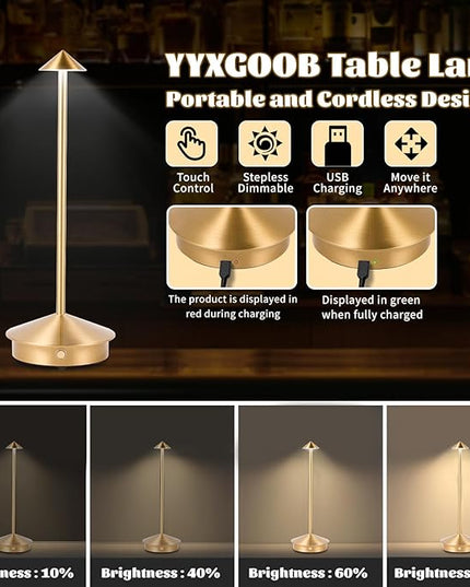 Rechargeable Battery Operated Desk Lamp with Touch Sensor Cordless Portable LED Table Lamp， Three-Level Dimmable Suitable for Bars/Cafes/Restaurants/Bedrooms/Camping Sites (Gold) - LeafyLoom
