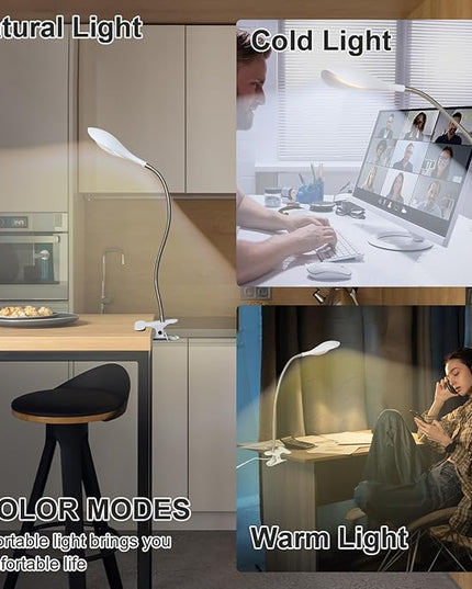 Desk lamp Eye-Caring Table Lamps, 360°Rotation Gooseneck Clip on Lamp Reading Light, Portable Reading Book Light, Clamp Light, Study Desk Lamps for Bedroom and Office Home Lighting (White-C02) - LeafyLoom