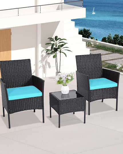 Patio Furniture Set 3 Pieces All-Weather Rattan Outdoor Furniture Patio Chairs with Tempered Glass Table for Porch Bistro Balcony Bistro Set(Black/Blue) - LeafyLoom