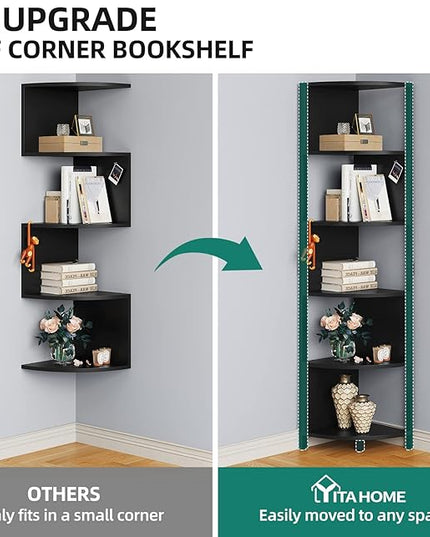 YITAHOME 6-Tier Corner Shelf, 68.8" Tall Modern Free Standing Zigzag Corner Bookshelf, 6 Shelf Display Corner Bookcase Open Small Book Shelves for Living Room, Home Office, Small Space, Black - LeafyLoom