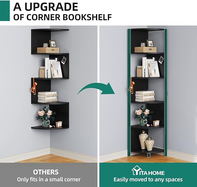 YITAHOME 6-Tier Corner Shelf, 68.8" Tall Modern Free Standing Zigzag Corner Bookshelf, 6 Shelf Display Corner Bookcase Open Small Book Shelves for Living Room, Home Office, Small Space, Black - LeafyLoom