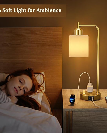 Innqoo Gold Lamp for Bedroom - Industrial Bedside Table Lamp with USB Port and Outlet, Fully Dimmable Nightstand Lamp with Opal Glass Shade, Small Desk Lamps for Home Office - LeafyLoom
