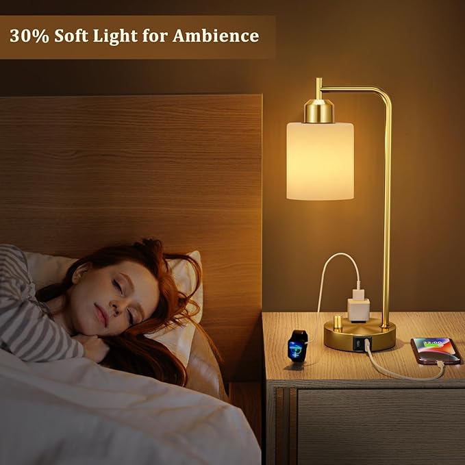 Innqoo Gold Lamp for Bedroom - Industrial Bedside Table Lamp with USB Port and Outlet, Fully Dimmable Nightstand Lamp with Opal Glass Shade, Small Desk Lamps for Home Office - LeafyLoom