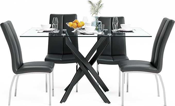 Tempered Glass Dining Table with Black Metal Legs, 47" Modern Rectangular Kitchen Table for Dining Room Kitchen,Black - LeafyLoom