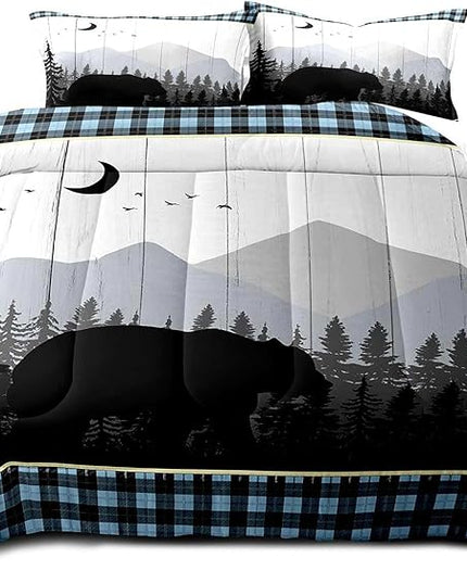 LUVIVIHOME 3PCS Bear Comforter Set King Size, Rustic Cabin Bedding Quilt, Blue Black Plaid Mountain Tree Forest Animal Wildlife Hunting Hunter Lodge Country Farmhouse Bedroom Decor, 2 Pillow Shams - LeafyLoom