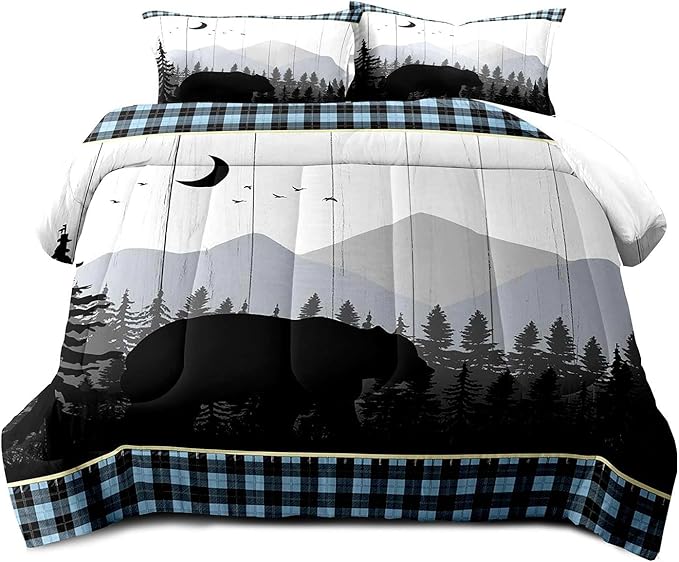 LUVIVIHOME 3PCS Bear Comforter Set Queen Size, Rustic Cabin Bedding Quilt, Blue Black Plaid Mountain Tree Forest Animal Wildlife Hunting Hunter Lodge Country Farmhouse Bedroom Decor, 2 Pillow Shams - LeafyLoom