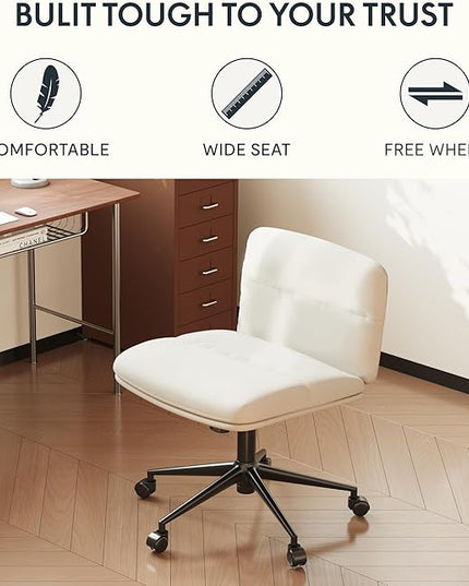 FLEXISPOT Cross Legged Office Chair Armless Desk Chair Comfy Wide Seat Criss Cross Chair with Wheels Vanity Chair for Living Room Bedroom Study Room(White Light Beige) - LeafyLoom