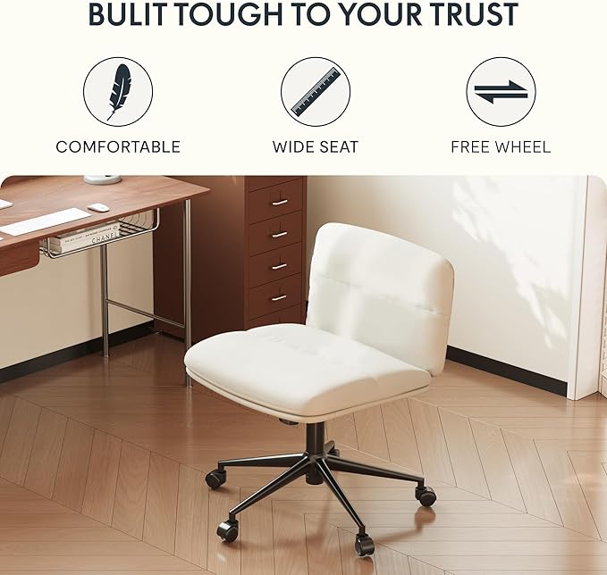 FLEXISPOT Cross Legged Office Chair Armless Desk Chair Comfy Wide Seat Criss Cross Chair with Wheels Vanity Chair for Living Room Bedroom Study Room(White Light Beige) - LeafyLoom