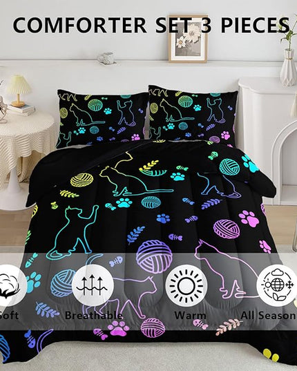 Black Cat Bedding Cartoon Cat Comforter Set Twin,Neon Cat Paw Ball of Yarn Printed Kids Bedding for Cat Lover Boys Girls Adults Room Decor,Kids Comforter,1 Quilt 2 Pillow Cases,Neon Color Purple Blue - LeafyLoom