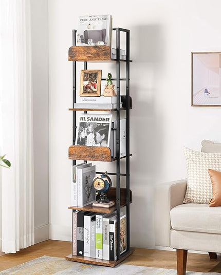 Bikoney Bookshelves 5-Tier, Rotating Bookshelf Tower for Corner, Small Bookcase, Tall Industrial Bookshelf, Narrow Bookshelf, Wood and Metal Black - LeafyLoom