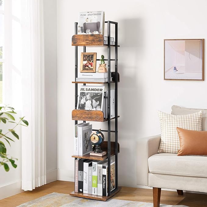Bikoney Bookshelves 5-Tier, Rotating Bookshelf Tower for Corner, Small Bookcase, Tall Industrial Bookshelf, Narrow Bookshelf, Wood and Metal Black - LeafyLoom