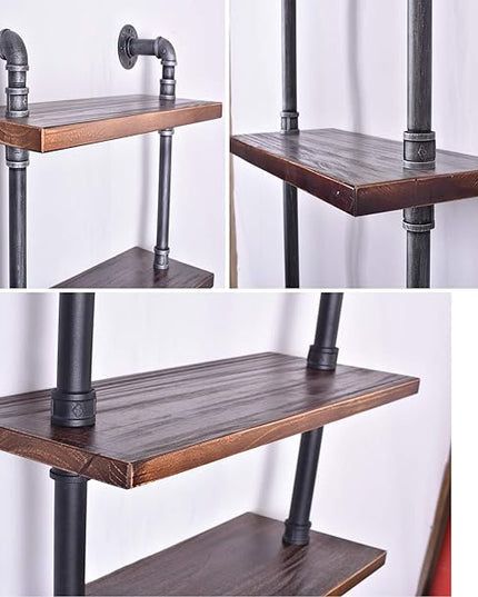 Diwhy 24”width Industrial Pipe Shelves Rustic Modern Wood Ladder Bookcase with Metal Frame,Pipe Wall Shelf,Wood Storage,Home Decor,Display Shelving,Retro Floating Wood Shelving,6 Layer Bookshelf - LeafyLoom