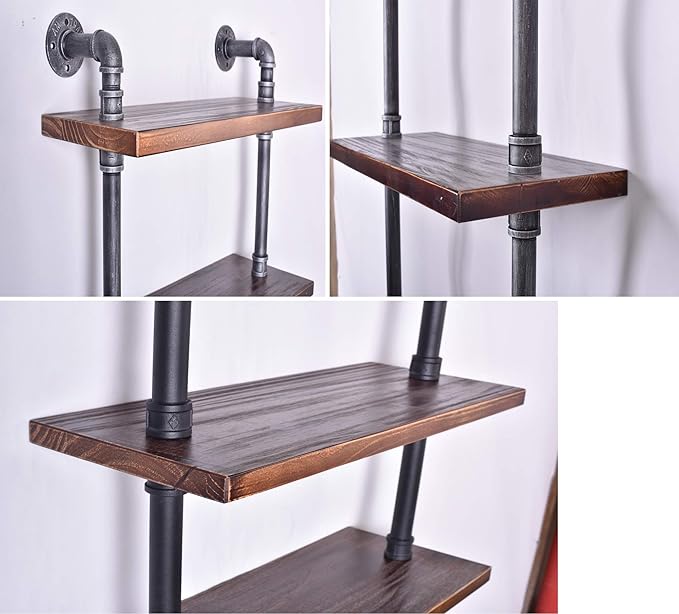 Diwhy 24”width Industrial Pipe Shelves Rustic Modern Wood Ladder Bookcase with Metal Frame,Pipe Wall Shelf,Wood Storage,Home Decor,Display Shelving,Retro Floating Wood Shelving,6 Layer Bookshelf - LeafyLoom