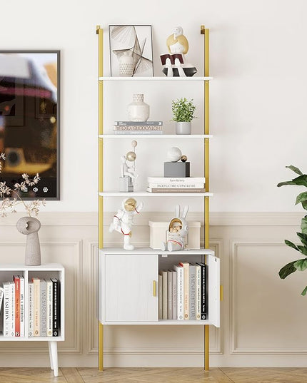 Yusong 73" Tall Bookshelf with Cabinet, Industrial Ladder Wall Mount Shelf Bookcase with Wood and Metal Frame, Plant Shelf Wall Storage Display for Living Room Bedroom, White Gold - LeafyLoom