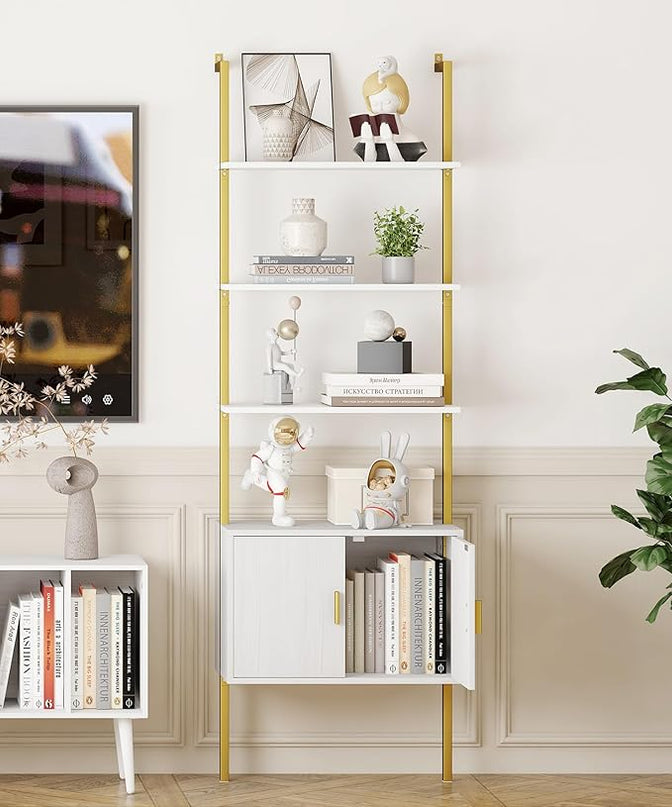 Yusong 73" Tall Bookshelf with Cabinet, Industrial Ladder Wall Mount Shelf Bookcase with Wood and Metal Frame, Plant Shelf Wall Storage Display for Living Room Bedroom, White Gold - LeafyLoom