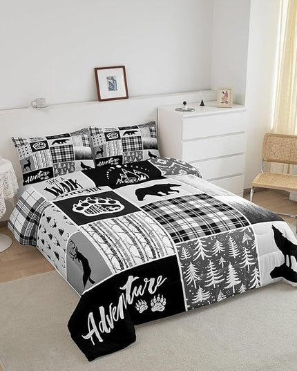 Deer Bear Comforter Set Queen Size,Pine Trees Christmas Bedding Set for Kids Boys Girls Adults Room Decor,Camping Adventure Rustic Farmhouse Down Comforter,Black Retro Duvet Insert,2 Pillowcases - LeafyLoom