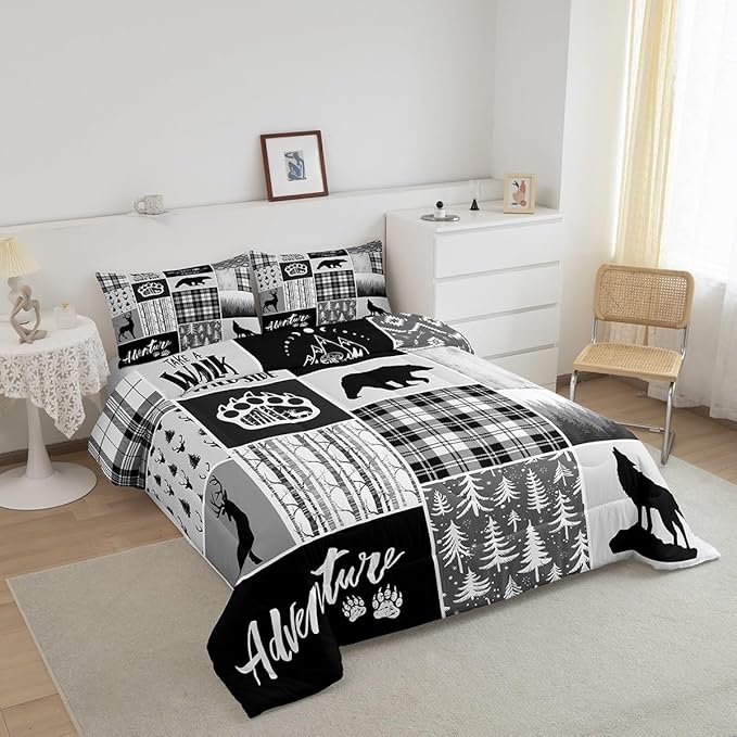 Deer Bear Comforter Set Queen Size,Pine Trees Christmas Bedding Set for Kids Boys Girls Adults Room Decor,Camping Adventure Rustic Farmhouse Down Comforter,Black Retro Duvet Insert,2 Pillowcases - LeafyLoom