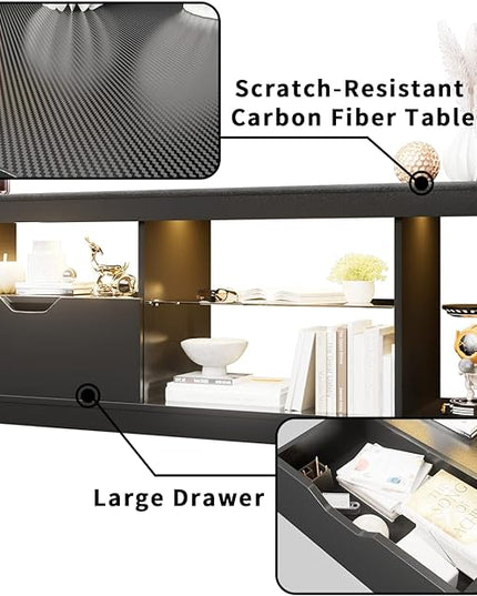YESHOMY Modern LED TV Stand for Televisions up to 65+ Inch with Glass Shelves and Drawer, Gaming Entertainment Center with Multiple Dynamic RGB Modes, for Livingroom, Bedroom, 55 Inch, Black - LeafyLoom