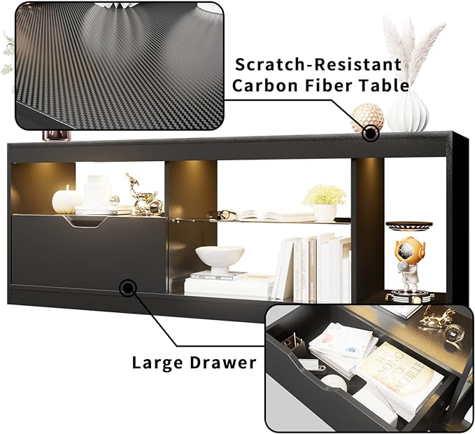 YESHOMY Modern LED TV Stand for Televisions up to 65+ Inch with Glass Shelves and Drawer, Gaming Entertainment Center with Multiple Dynamic RGB Modes, for Livingroom, Bedroom, 55 Inch, Black - LeafyLoom