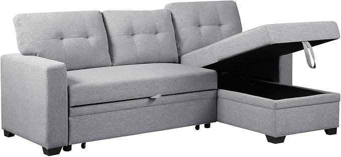82" Sectional Sofa, L Shaped Sleeper of Convertible Lounge, Pull Out Couch Bed and Storage Chaise for Home Living Room Apartment Dorm, 82inch, Light Gray - LeafyLoom