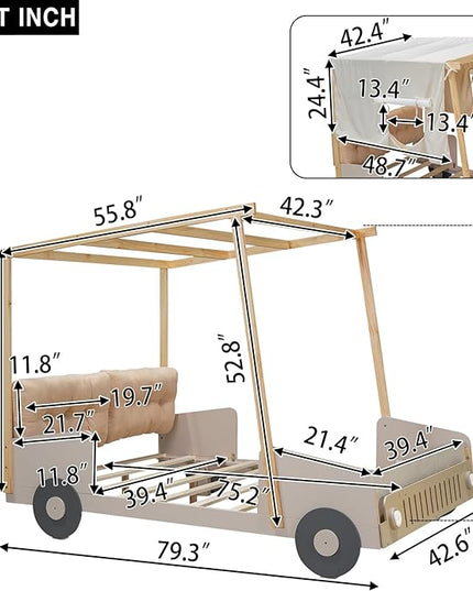 Twin Size Car Bed with Car-light shape LED & Pillow,Wooden Kids Bedframe W/Magazine Holder & Ceiling Cloth,Toy Bedroom Furniture for Boys Kids Toddlers Child,Natural - LeafyLoom
