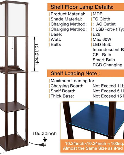 3-in-1 Shelf Floor Lamp with 1 USB Ports & 1 Type C Port & 1 Power Outlet, 3-Tiered Shelf Lamp, Modern Standing Light for Bedroom & Living Room, Shelf & Storage Floor Lamp Combination, Brown - LeafyLoom