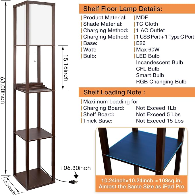 3-in-1 Shelf Floor Lamp with 1 USB Ports & 1 Type C Port & 1 Power Outlet, 3-Tiered Shelf Lamp, Modern Standing Light for Bedroom & Living Room, Shelf & Storage Floor Lamp Combination, Brown - LeafyLoom