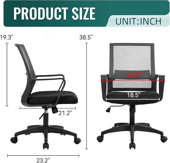 Office Chair Ergonomic Desk Task Chair Mesh Computer Chair Mid-Back Mesh Home Office Swivel Chair Modern Executive Chair with Wheels Armrests Lumbar Support (Grey) - LeafyLoom