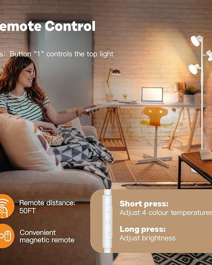 36W White Floor Lamp, Super Bright Tree Floor Lamp LED Standing Lamp with Remote Control, 4 Color Temperatures, 3 Rotatable LED Lights, Dimmable Floor Lamps for Living Room, Bedroom, Office - LeafyLoom
