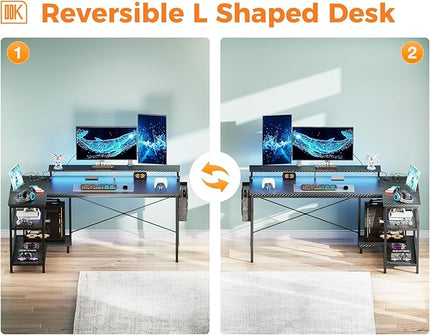 ODK 58 Inch Gaming Desk with USB Charging Ports and LED Lights, Reversible L Shaped Computer Desk with Storage Shelves & Monitor Stand, Corner Gamer Desk Table with Power Outlets, Carbon Fiber Black - LeafyLoom