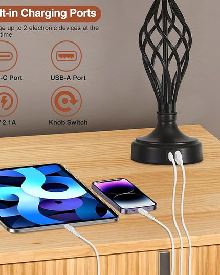 Table Lamp for Bedroom Set of 2 with USB C+A Ports, Modern Bedside Lamps with Spiral Cage Base, Fabric Shade, Nightstand Lamp for Living Room Reading Bed Side End Table, 2 LED Bulbs Included Black - LeafyLoom