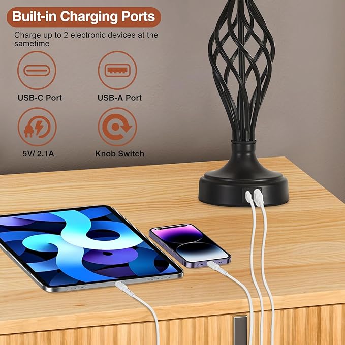 Table Lamp for Bedroom Set of 2 with USB C+A Ports, Modern Bedside Lamps with Spiral Cage Base, Fabric Shade, Nightstand Lamp for Living Room Reading Bed Side End Table, 2 LED Bulbs Included Black - LeafyLoom