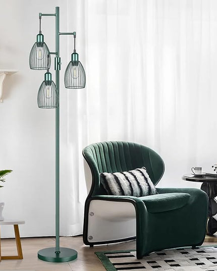 Dimmable Industrial Floor Lamps for Living Room, Green Tree Standing Tall Lamps with 3 Elegant Teardrop Cage Head & 800 Lumens LED Bulbs for Bedroom Office - LeafyLoom