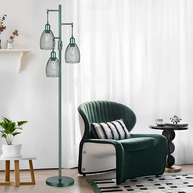 Dimmable Industrial Floor Lamps for Living Room, Green Tree Standing Tall Lamps with 3 Elegant Teardrop Cage Head & 800 Lumens LED Bulbs for Bedroom Office - LeafyLoom