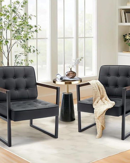 COLAMY Mid Century Modern Accent Chair Set of 2, Comfy Living Room Chair, Black Leather Accent Chair, Faux Leather Reception Armchair with Metal Legs for Living Room Bedroom Reception Office, Black - LeafyLoom