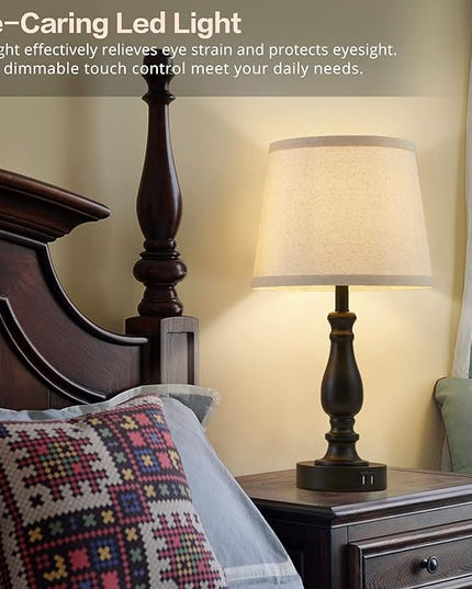 Lamps for Bedrooms Set of 2, Touch Bedside Table Lamps with USB Ports, 3 Way Dimmable Nightstand Lamps with Round Fabric Linen Lampshade for Living Room Reading Bed Side End Table, Bulbs Included - LeafyLoom